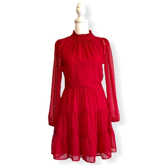 Altar’d State Rich Ruby Red Long Sleeve Tiered High Neck Swiss Dot Holiday Dress - Picture 3 of 11